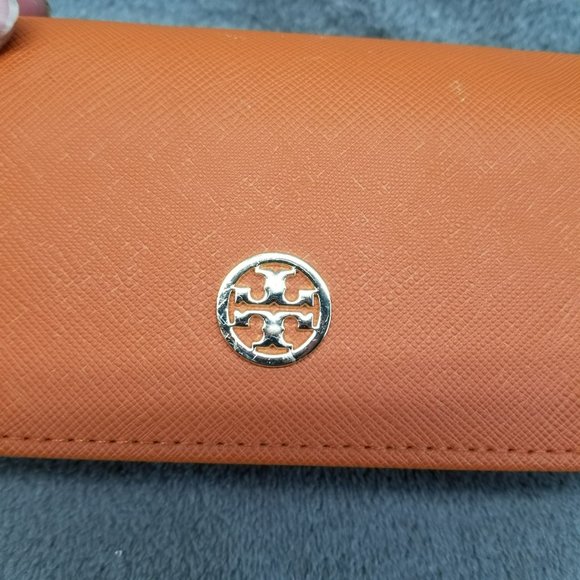 Tory Burch Triangle Eyeglass Case Orange Faux Leather With Cleaning Cloth - Picture 2 of 13